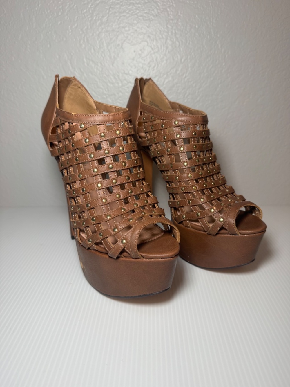 Kelsey Tan Studded Woven Platform Heels - Picture 2 of 10